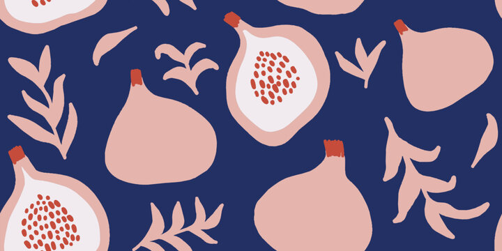 Fig Fruit and Leafy Floral Composition on Dark Blue Pattern