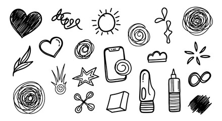 Hand drawn doodle sketch design scribble heart sun phone star art vector graphic illustration set line handmade outline black white