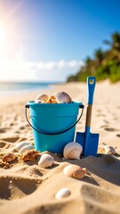 Seashells in a blue bucket on a sandy beach