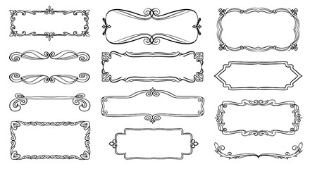 Obraz premium Decorative ornate frame border line set vintage flourish ornament vector graphic design victorian elegant label tag victorian art deco