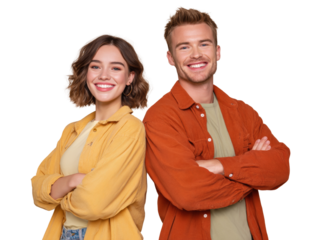 Cheerful young couple smiling with arms crossed, back to back against a transparent area