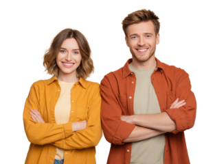 Cheerful young man and woman posing confidently with arms crossed on an isolated layer