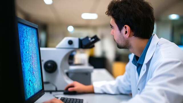 A semiconductor failure analysis laboratory uses an advanced scanning electron microscope to investigate device defects. An engineer is shown analyzing the image on a screen to fin