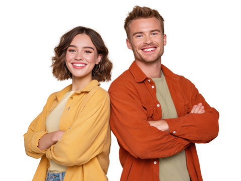 Cheerful young couple smiling with arms crossed, back to back against a transparent area