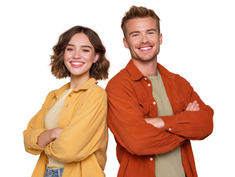 Cheerful young couple smiling with arms crossed, back to back against a transparent area - Powered by Adobe