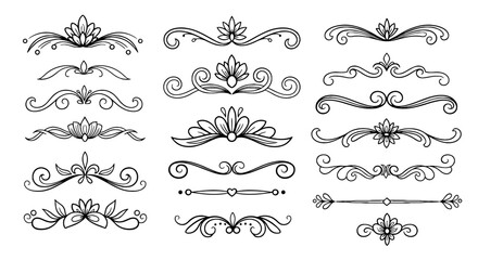 Ornamental doodle decorative divider flourish line drawing scroll vector graphic design border set vintage retro art elegant victorian.