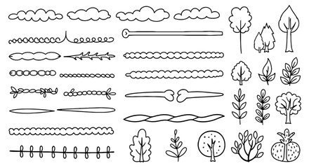 Doodle divider cloud tree leaf branch border line nature art vector graphic design illustration set