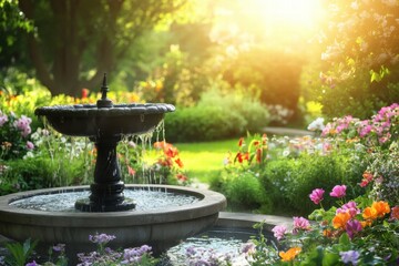 Sun rays shining in garden fountain