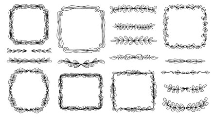 Doodle line border frame laurel wreath leaves divider illustration set vector graphic design art decor ornament floral botanical elements