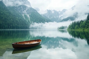 Obraz premium Rowboat floating on still mountain lake