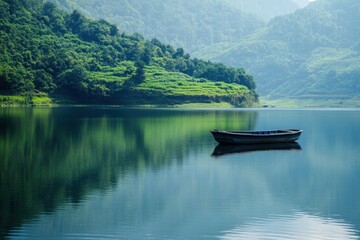 Obraz premium Boat floating on calm green lake