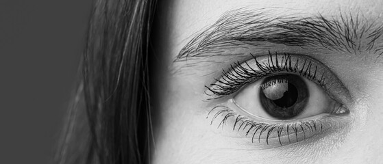Fototapeta premium Woman with brown eyes on color background, closeup