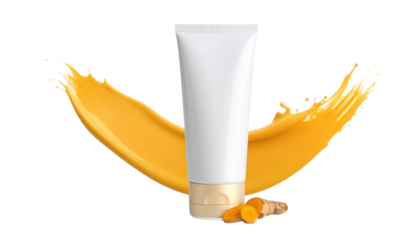 White cosmetic tube with a gold cap, vibrant yellow turmeric cream splash and sliced turmeric root positioned at the base.