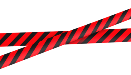 Two red-and-black diagonal striped caution tapes crossing each other