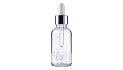 Clear glass dropper bottle with a silver collar and white rubber bulb, containing a pipette and visible suspended bubbles.