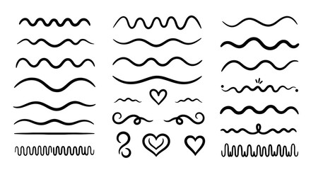 Wave squiggle line heart sketch doodle decorative vector graphic design set illustration art