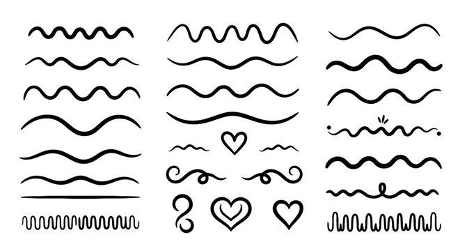 Wave squiggle line heart sketch doodle decorative vector graphic design set illustration art