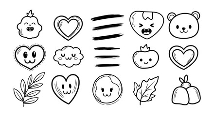 Doodle vector graphic design illustration art set kawaii heart cloud leaf shape brush happy sad cute fun