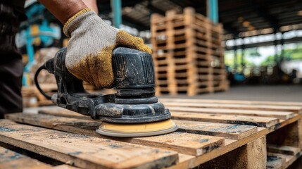 Worker using a random orbital sander on a wooden pallet.