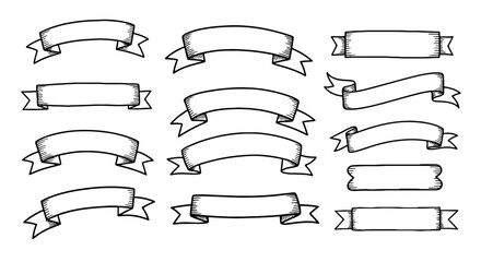 Ribbon banner set doodle hand drawn handmade vector graphic design illustration decorative label blank tag sign border outline