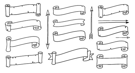 Scrolls arrows lines banner paper ribbon parchment medieval blank doodle vector illustration art graphic design, vintage antique, old message