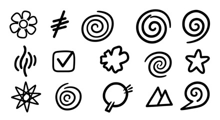 Hand drawn doodle set vector graphic design illustration art sketch symbol shape sign floral spiral star check mark