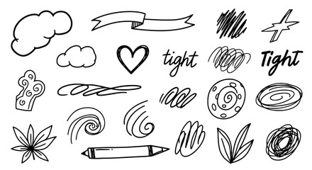 Doodle sketch scribble hand drawn set cloud heart ribbon tight swirl graphic design illustration art pencil pen element vector