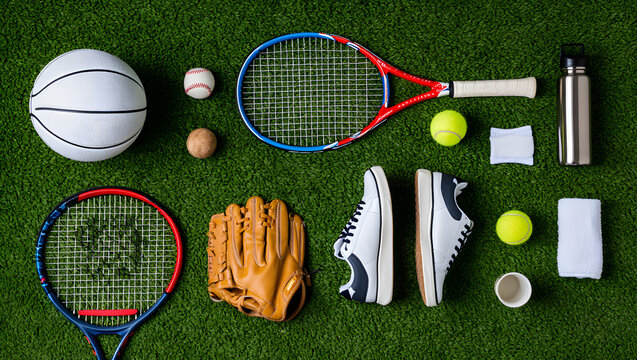 Sports Gear Arrangement: A flat lay view showcasing a collection of sports equipment, tennis, baseball, basketball, and athletic shoes, with a water bottle on green surface.