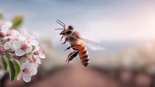 Buzzing through Bloom: A solitary bee gracefully navigates a vibrant field of blossoms, exemplifying nature's intricate balance and the beauty of pollination. 