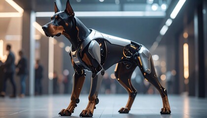 Futuristic robotic dog in a modern building.  A metallic canine stands alert