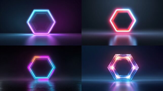 Four vibrant hexagon neon light displays on dark reflective surfaces
