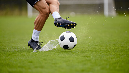 Obraz premium Soccer Ball Action: A close-up shot of a soccer player's foot making forceful contact with the ball on a green grass field, capturing the dynamic essence of sportsmanship.