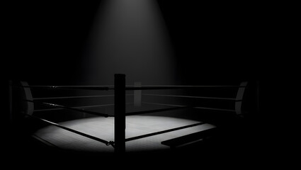 Arena's spotlight: A dramatic spotlight illuminates an empty boxing ring, creating a sense of anticipation and suspense, highlighting the space and the anticipation of the competition.