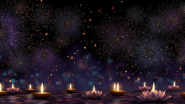Diwali festival background with candles and fireworks stock photo image