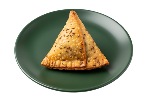 A crispy, triangular samosa rests on a dark green plate, showcasing its golden-brown crust speckled with seasonings.