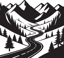 Obraz premium Winding Road Through Mountain Landscape with Pine Trees Vector Illustration Minimalist Black and White Design Great for Travel and Adventure Concepts