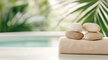 Smooth stones balanced on a soft towel by a pool with green foliage