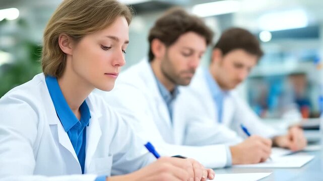 A pharmaceutical regulatory compliance center shows a team of experts ensuring that all manufacturing meets global quality standards. They are reviewing documents and data in a mod