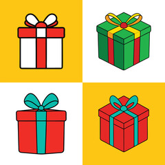 Four colorful gift boxes festive celebration presents wrapped with ribbons