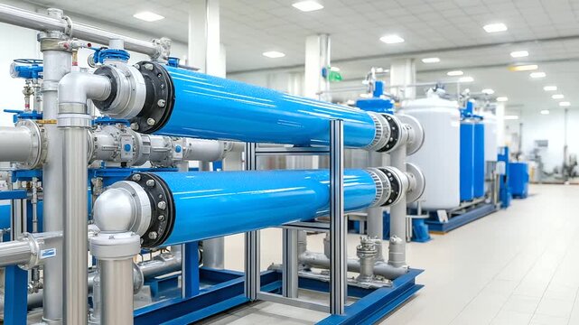 A pharmaceutical water treatment system produces ultra-pure water for injection (WFI). The complex system of pipes, tanks, and filters is shown in a clean, dedicated facility, a cr