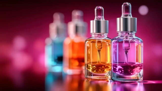 Colorful glass dropper bottles with bright liquid serums arranged against a soft pink background