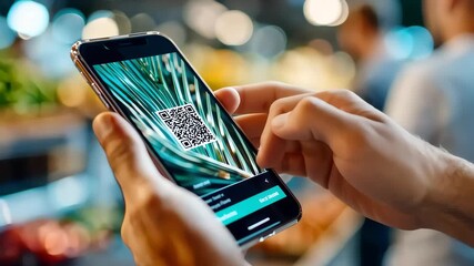 Customer using smartphone to scan QR code at store checkout, mobile payment concept - Powered by Adobe
