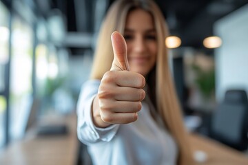 Professional woman gives a thumbs up in a modern office, signaling approval and satisfaction with the work at hand or a job well done, Generative AI