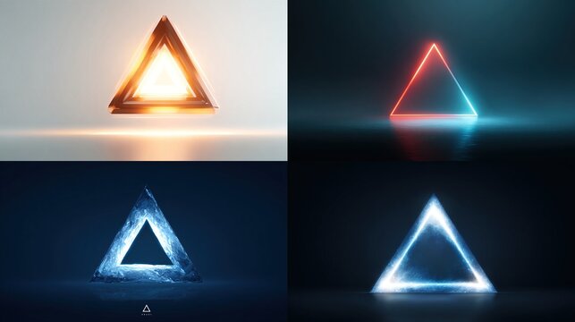 Four glowing, stylized triangles, in different colors and tones, set on reflective surfaces