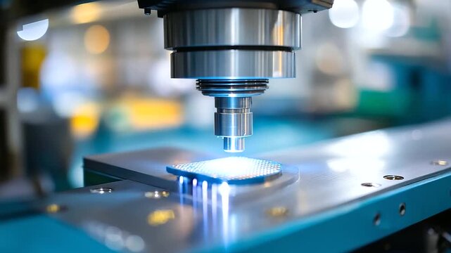 A semiconductor dicing operation separates individual chips from a fully processed wafer. A high-precision diamond saw makes clean cuts, preparing the final devices for packaging.