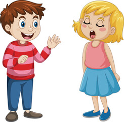 Friendly cartoon boy and girl talking, children communication illustration, happy kids interaction, friendship concept, colorful vector art for education and storytelling