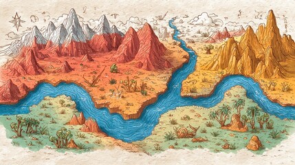 A vibrant map illustrates various landscapes, featuring red and orange mountains, a winding blue river, and green valleys filled with vegetation and trees.