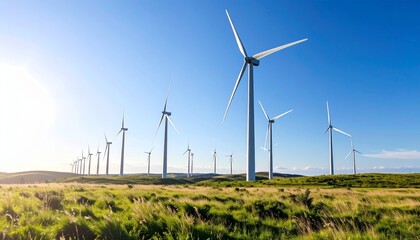 A Wind Turbines on Sunny Grassy Landscape Showcasing Clean Energy and Sustainability