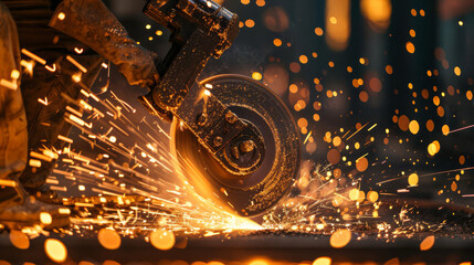 A powerful circular saw slices through metal, creating a brilliant explosion of orange and yellow sparks in a workshop.