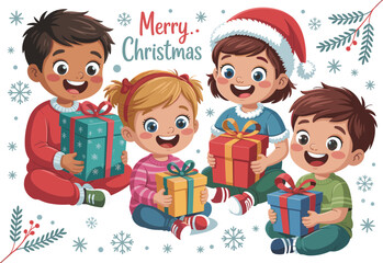 Happy cartoon children celebrating Christmas, opening presents, smiling kids in festive clothes, holiday gifts, joyful winter scene, Merry Christmas illustration